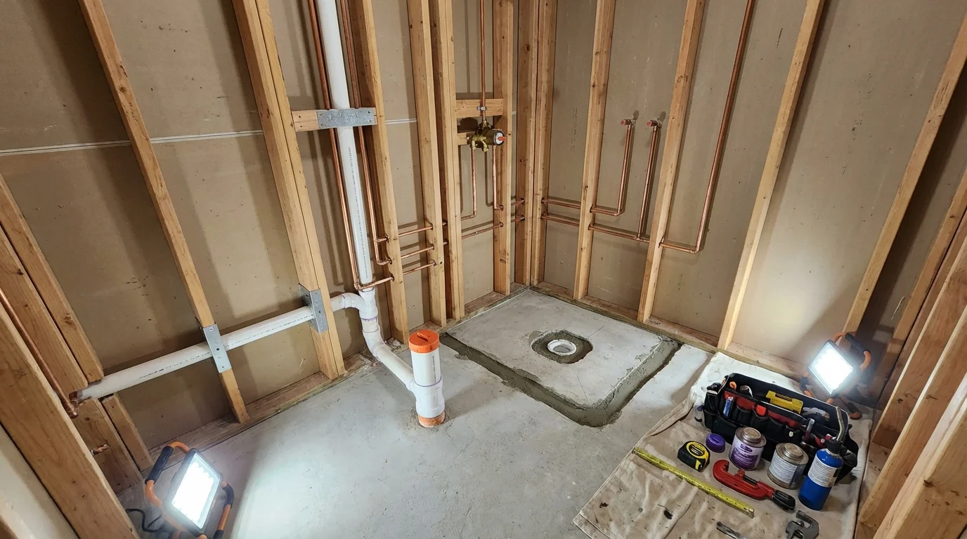 Bathroom rough-in plumbing during remodel by Johns Plumbing LLC in Chagrin Falls