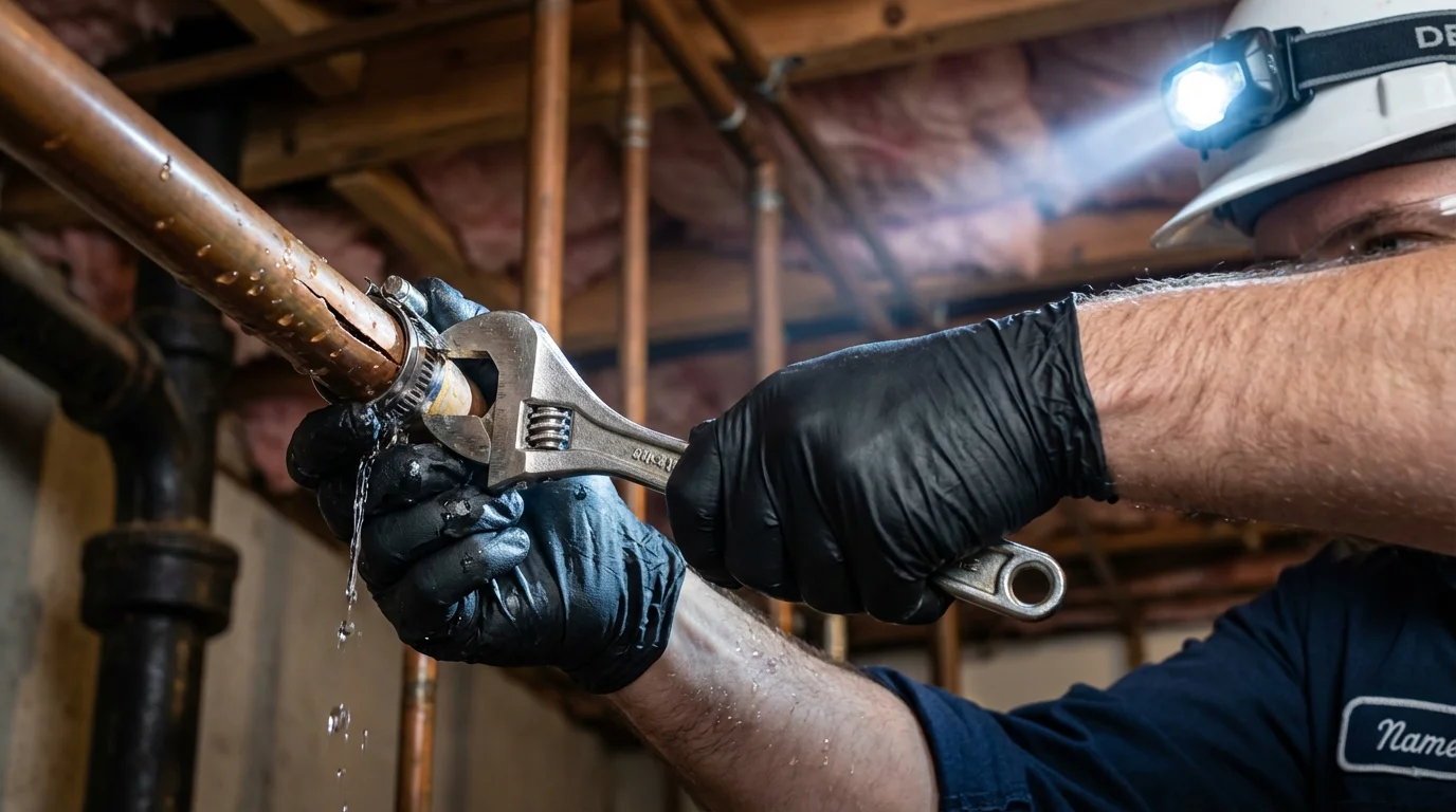 Emergency pipe clamp repair being performed by a Johns Plumbing LLC plumber in Chagrin Falls