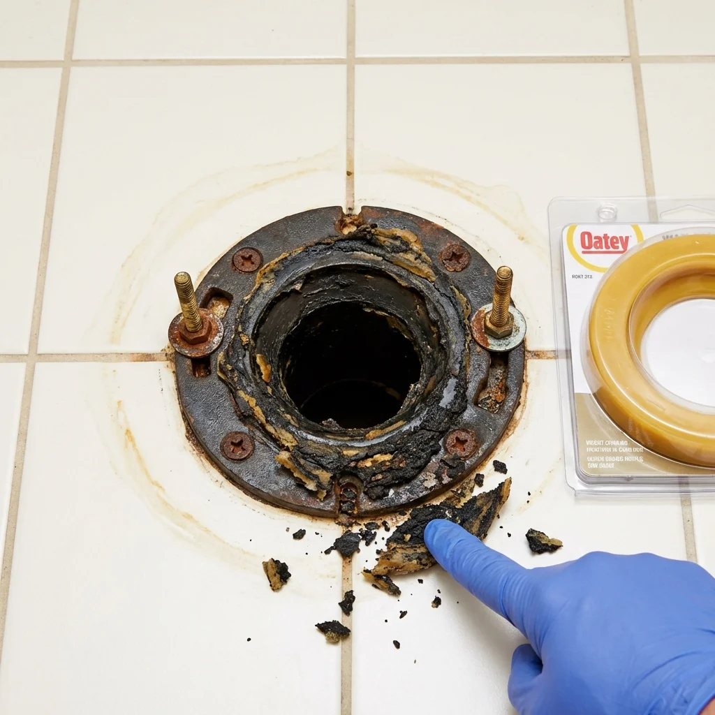 Failed wax ring showing water seepage at the base of a toilet in a Chagrin Falls, OH home