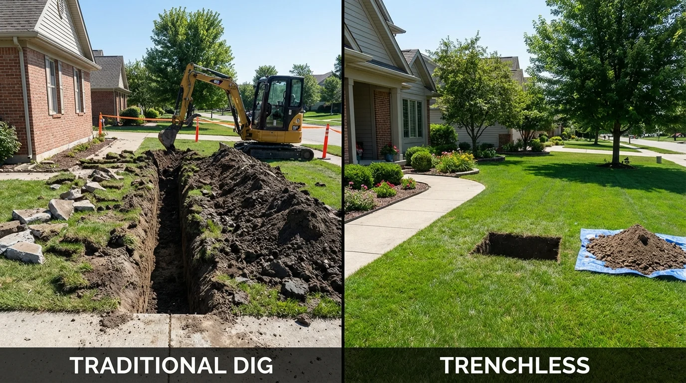 Trenchless sewer repair with minimal yard damage versus traditional excavation in Chagrin Falls, OH