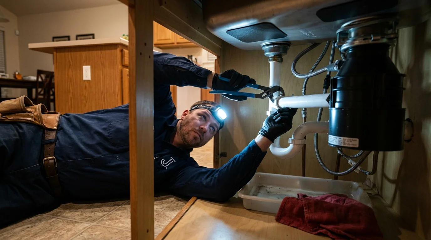 P-trap and supply line connections under a kitchen sink showing a common leak point in Chagrin Falls, OH